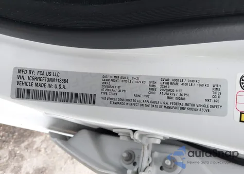 2022 Ram 1500 Lone Star 4X2 5'7 Box z USA, uszkodzony, nr VIN 1C6RREFT3NN113664